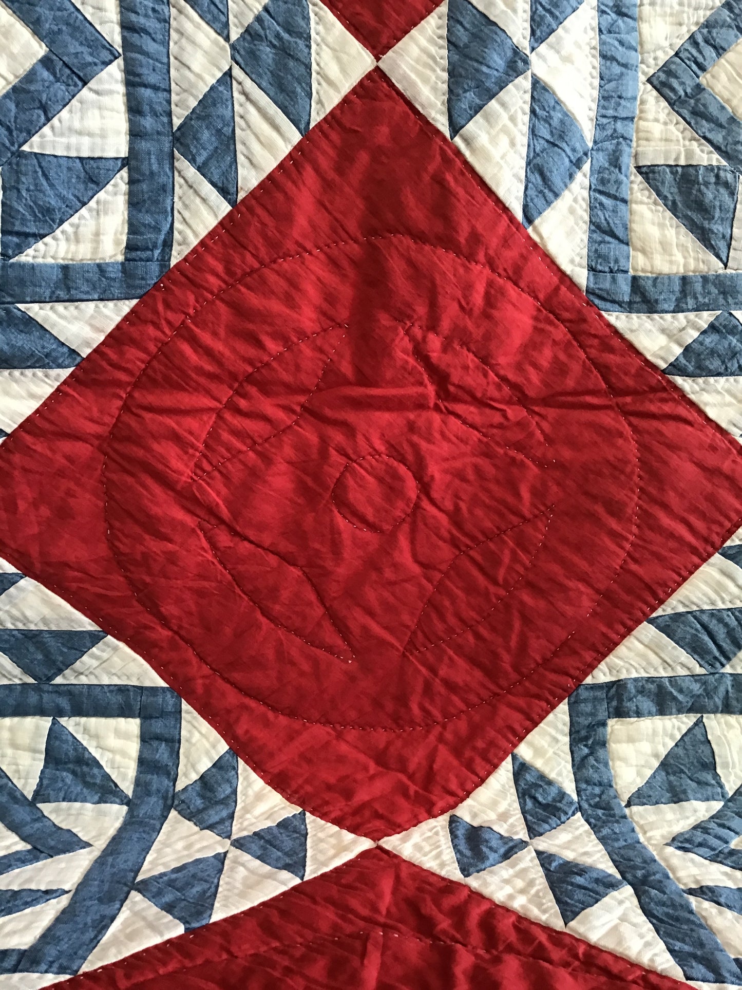 Red with blue blocks