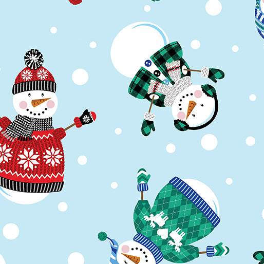 Happy Snowmen Light Blue Flannel