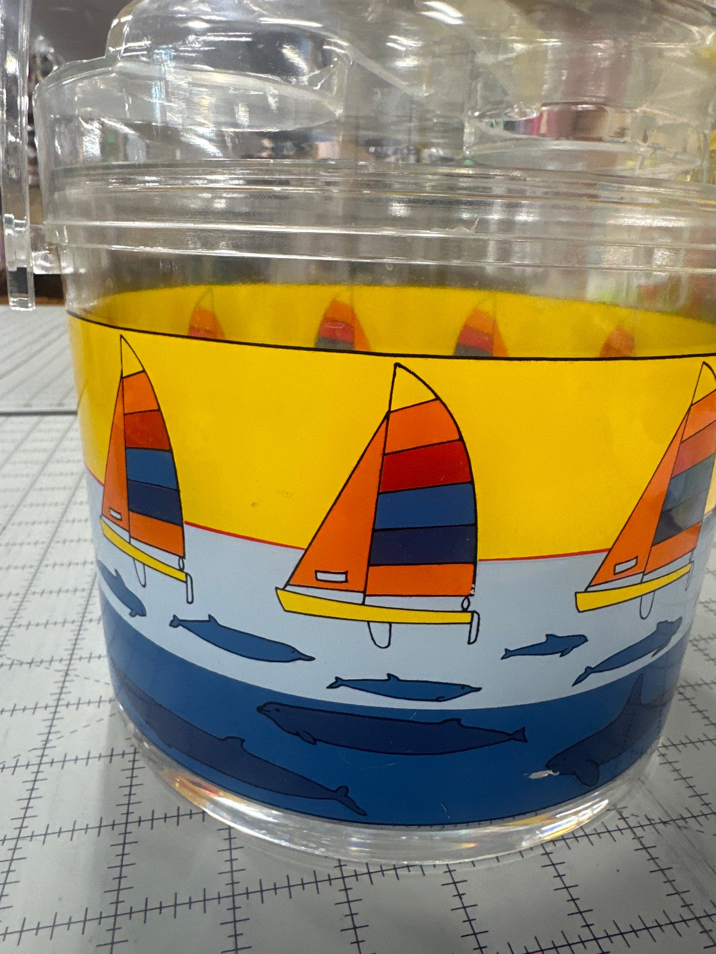 Vintage 1980s Oneida LTD Lucite ice bucket with a sailboat design