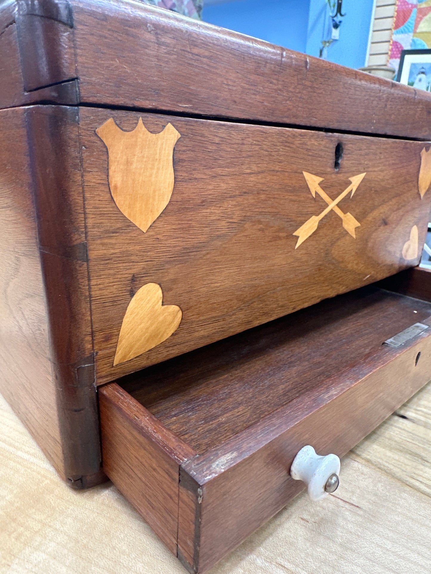 Antique folk art inlaid trunk with drawer