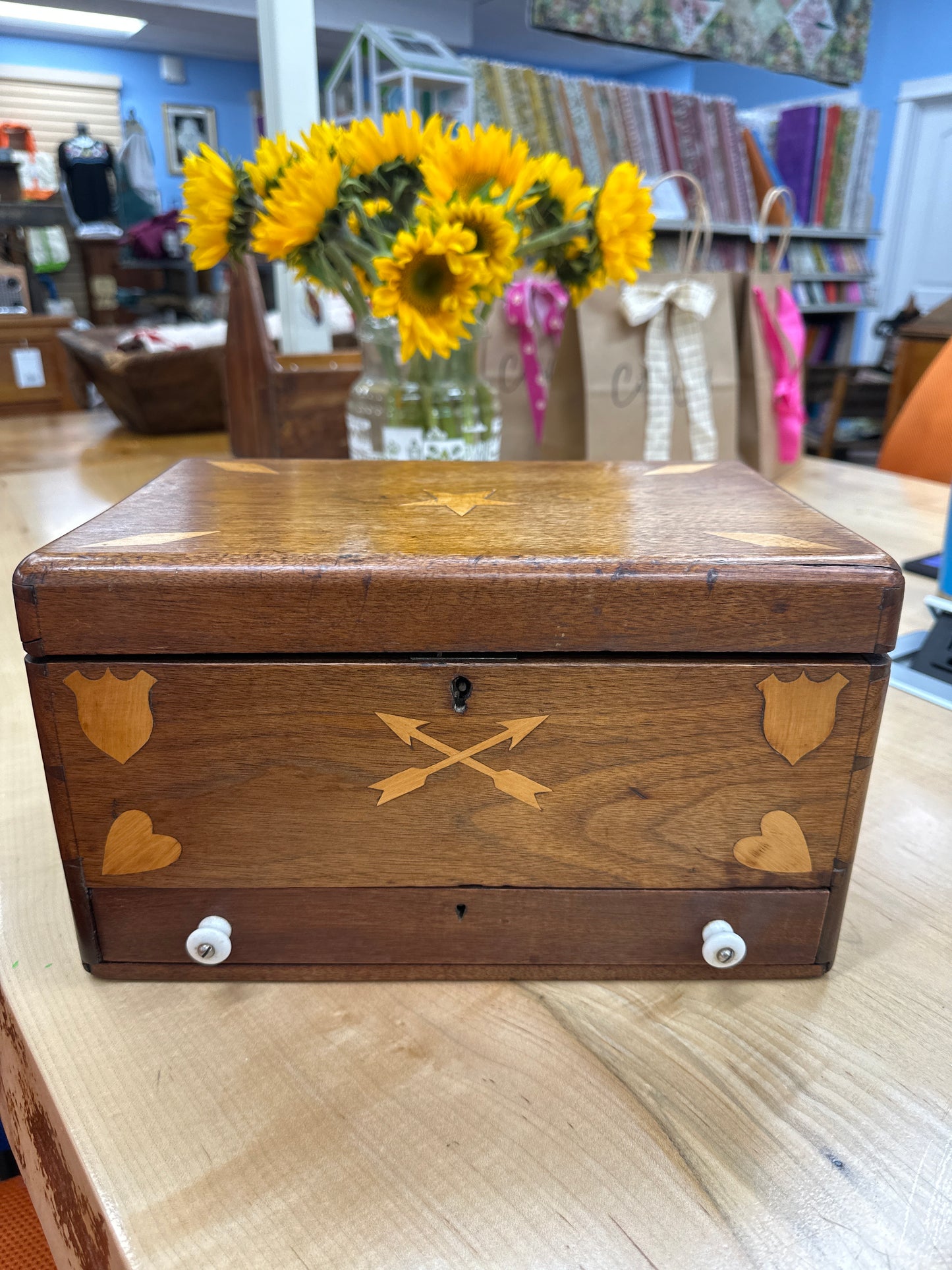 Antique folk art inlaid trunk with drawer