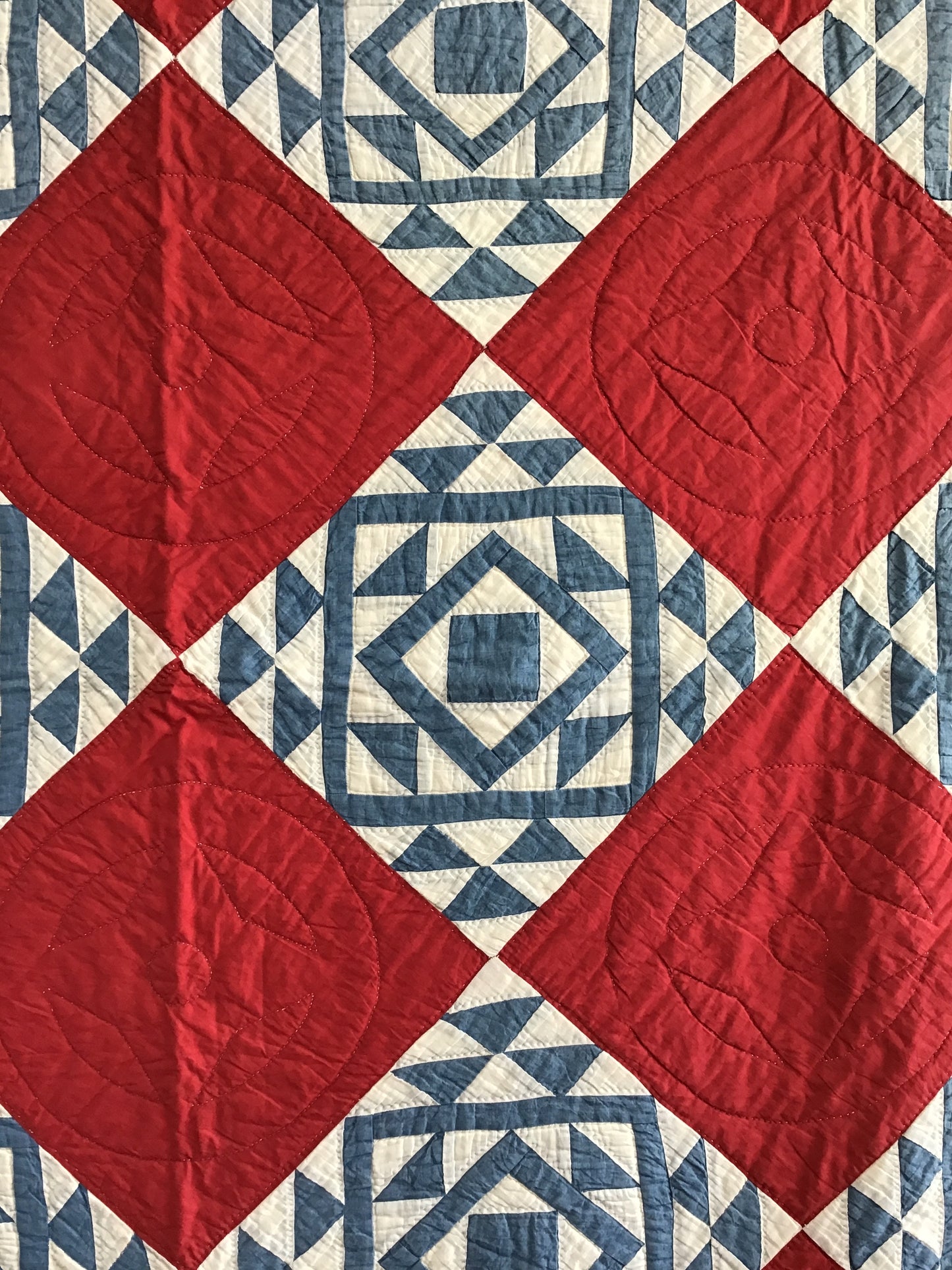 Red with blue blocks