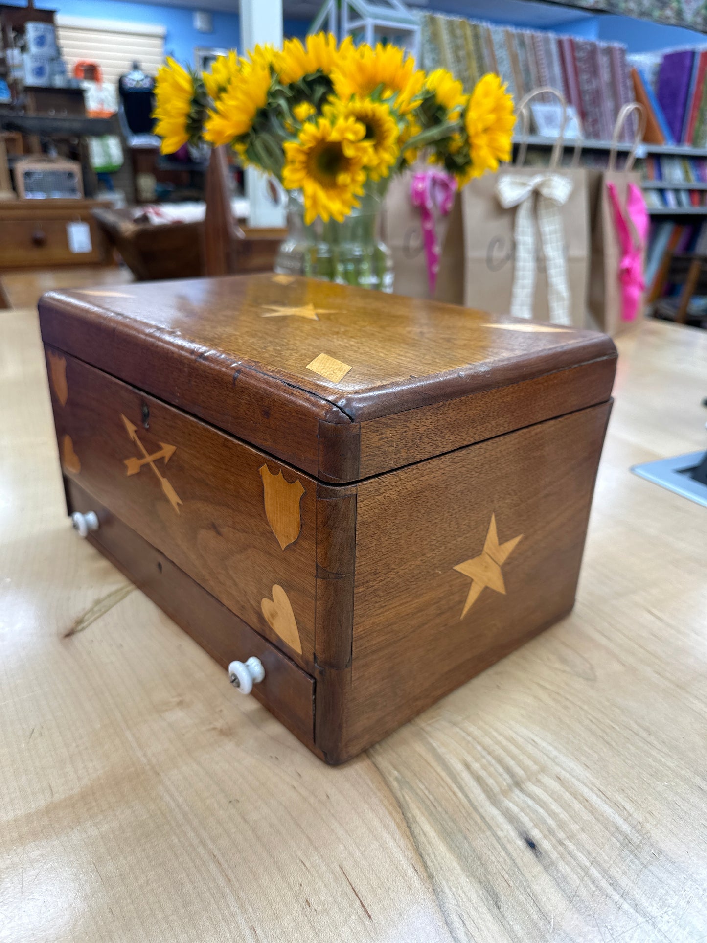 Antique folk art inlaid trunk with drawer