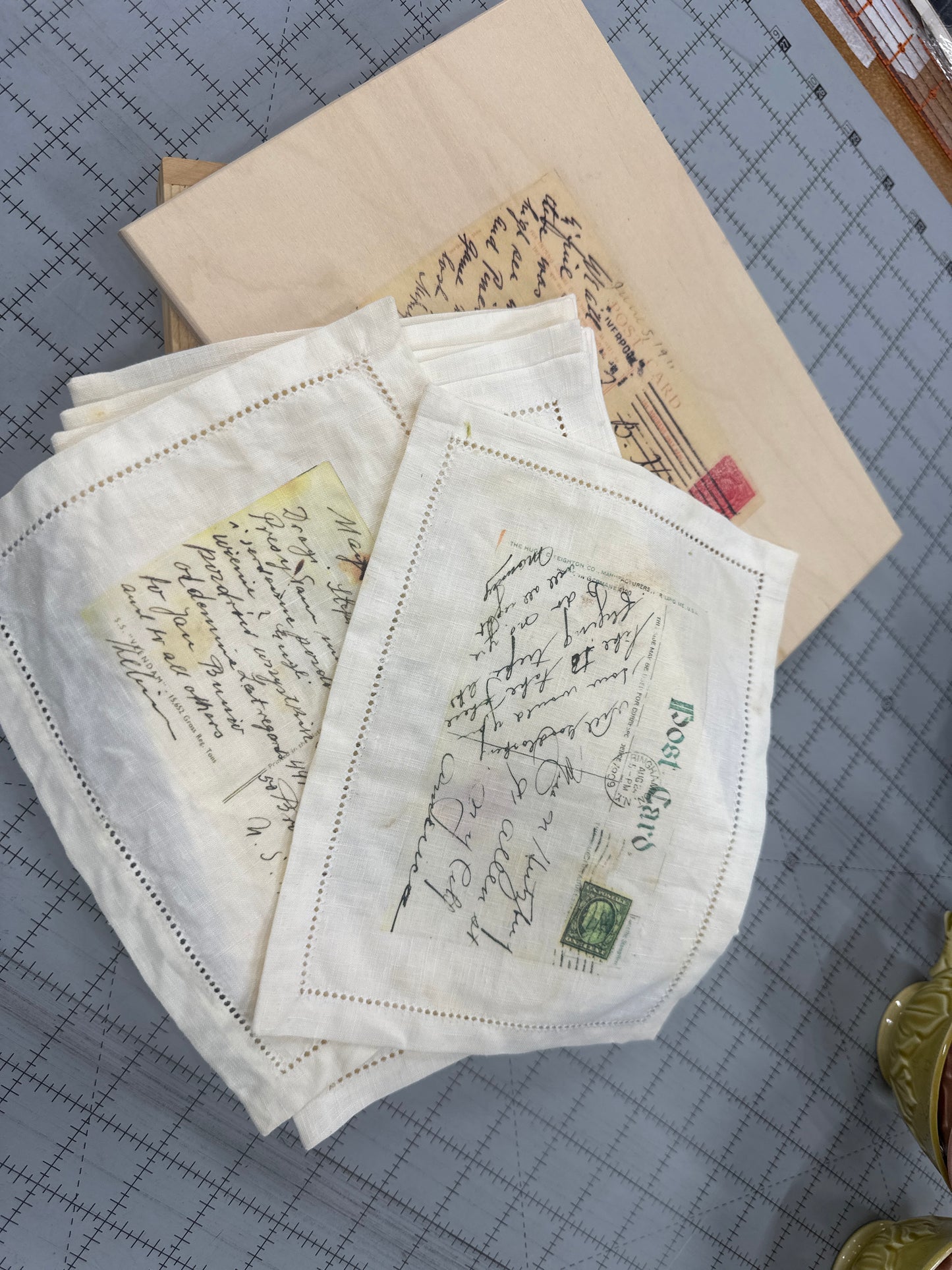 Antique post cards transferred to vintage linens (set)