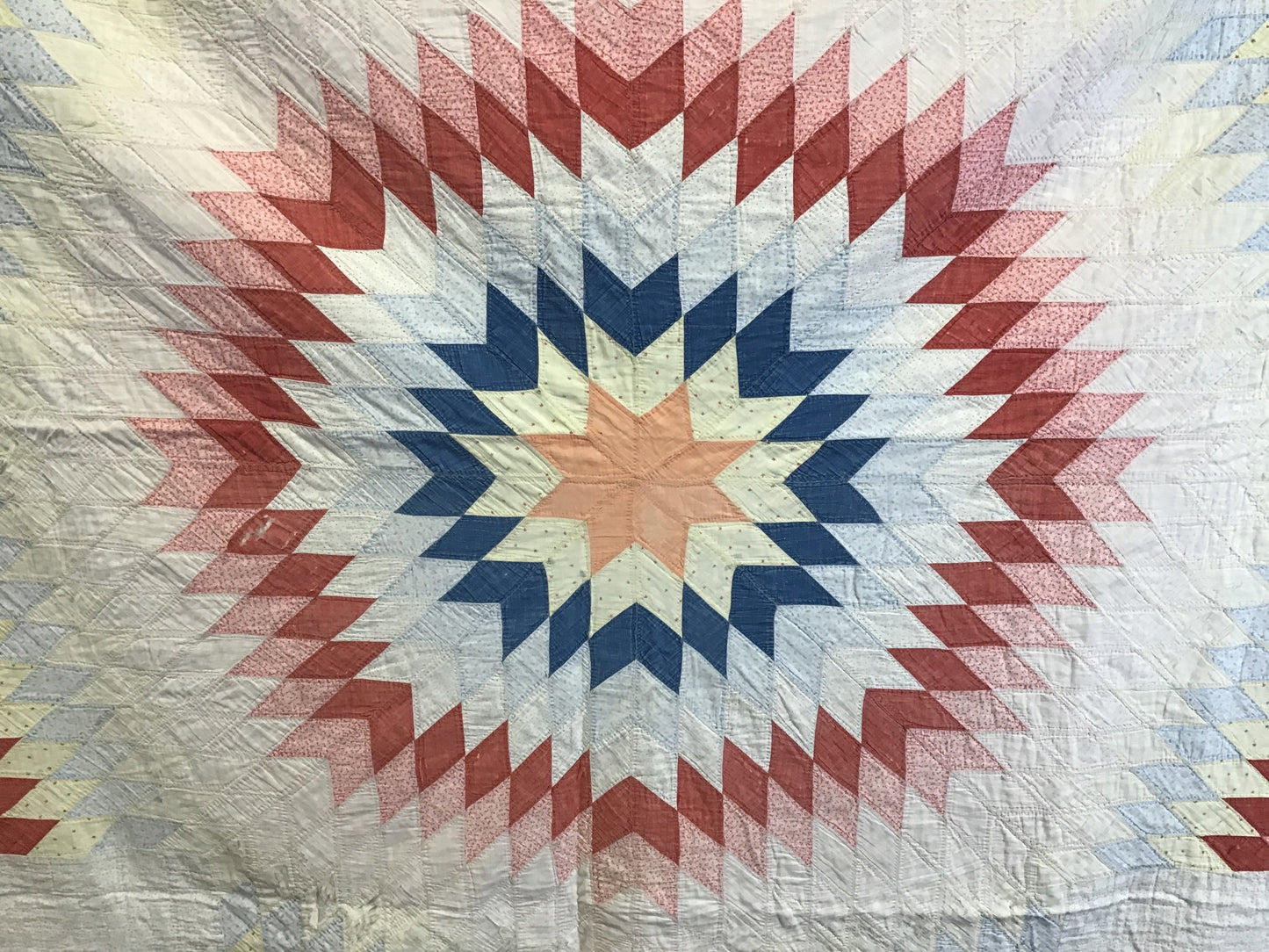 Late 1800s Hand Quilted Summer Star Quilt 78.5”x74”
