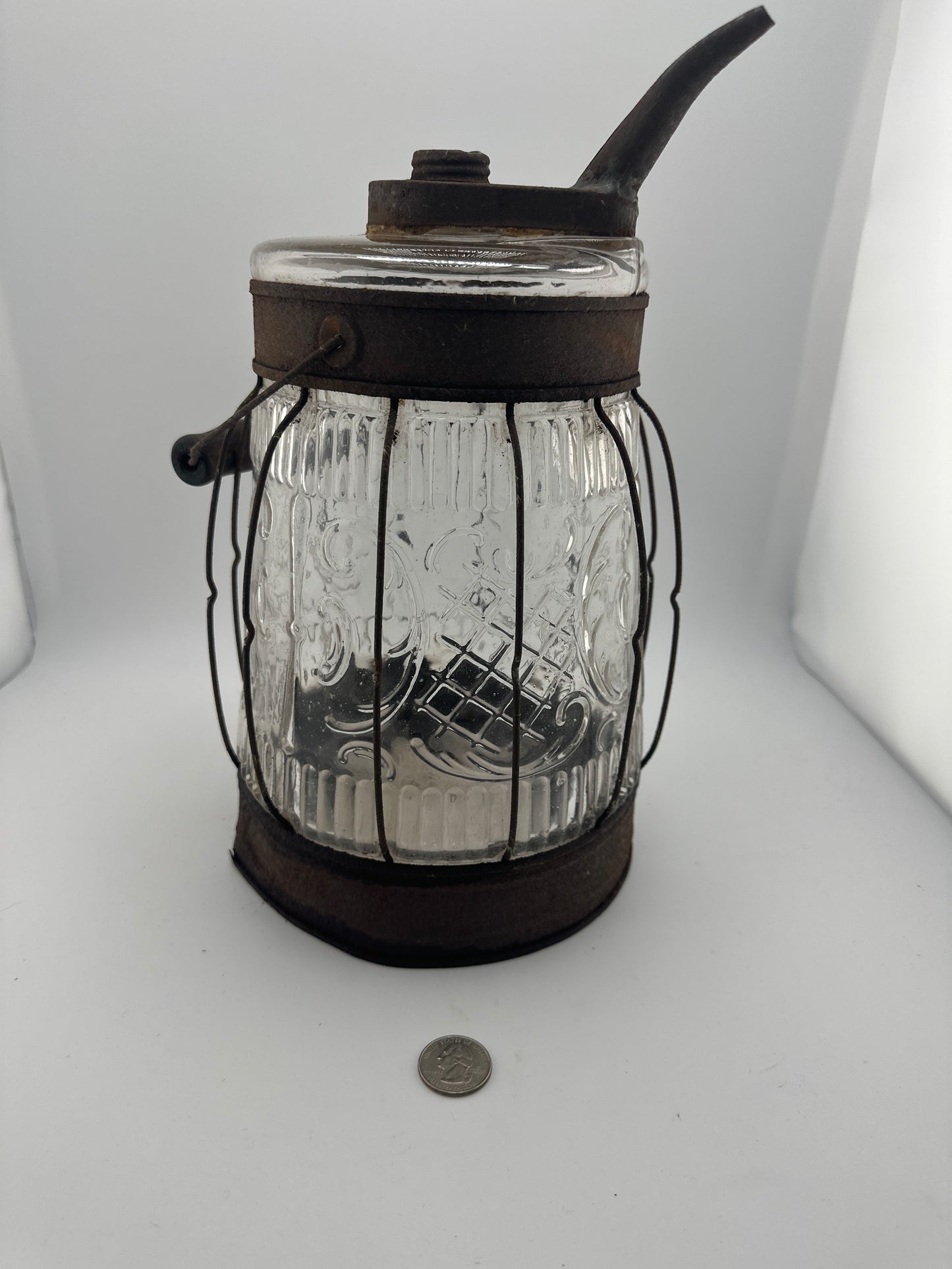 Antique Oil Lamp Cage Style Glass Kerosene Jug