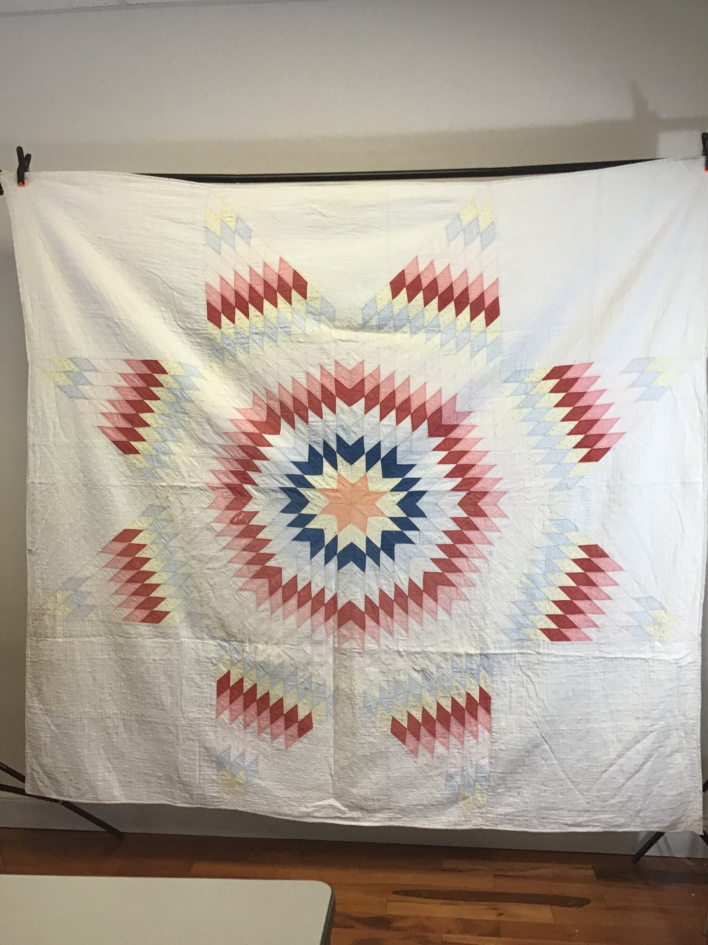 Late 1800s Hand Quilted Summer Star Quilt 78.5”x74”