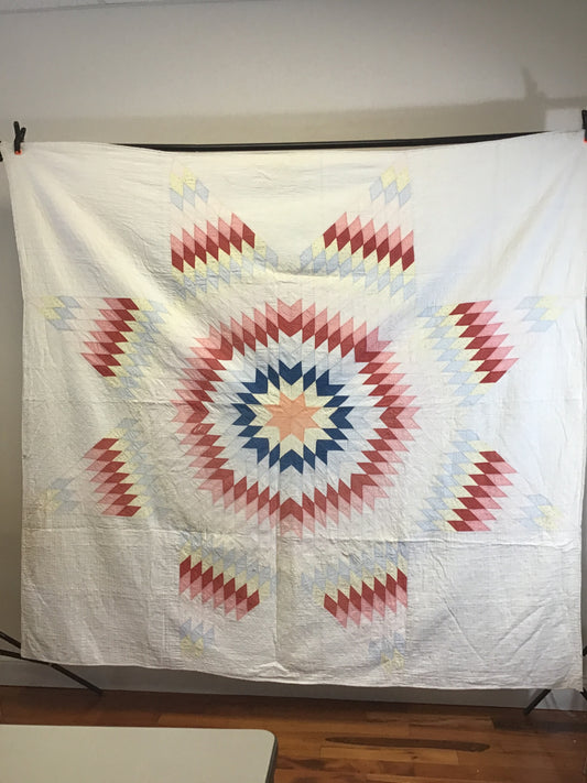 Late 1800s Hand Quilted Summer Star Quilt 78.5”x74”