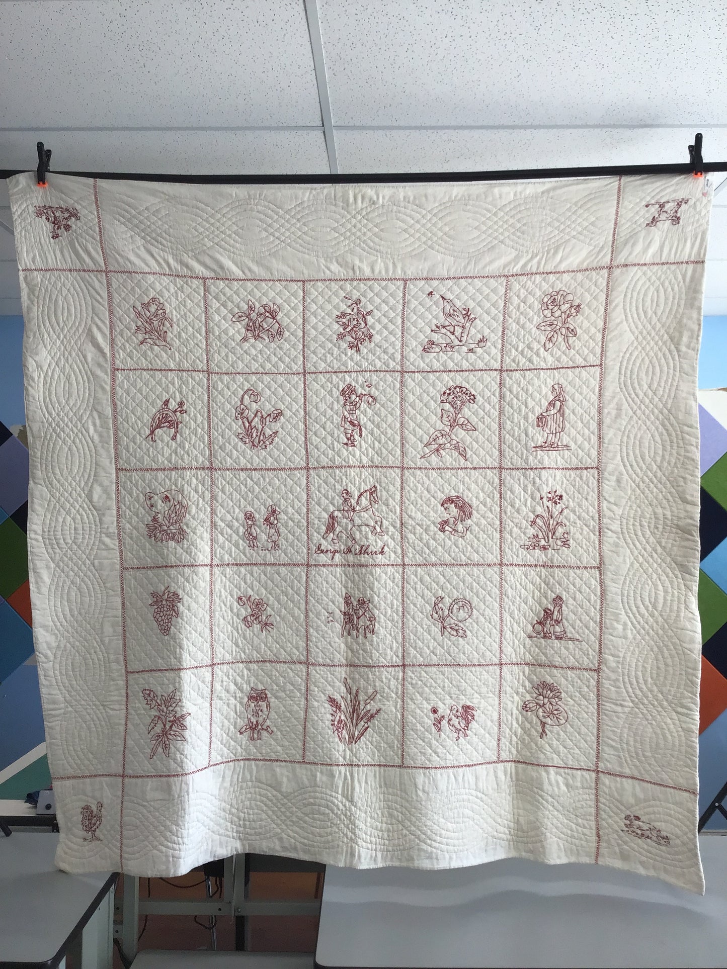 Antique Redwork Embroidery Quilt