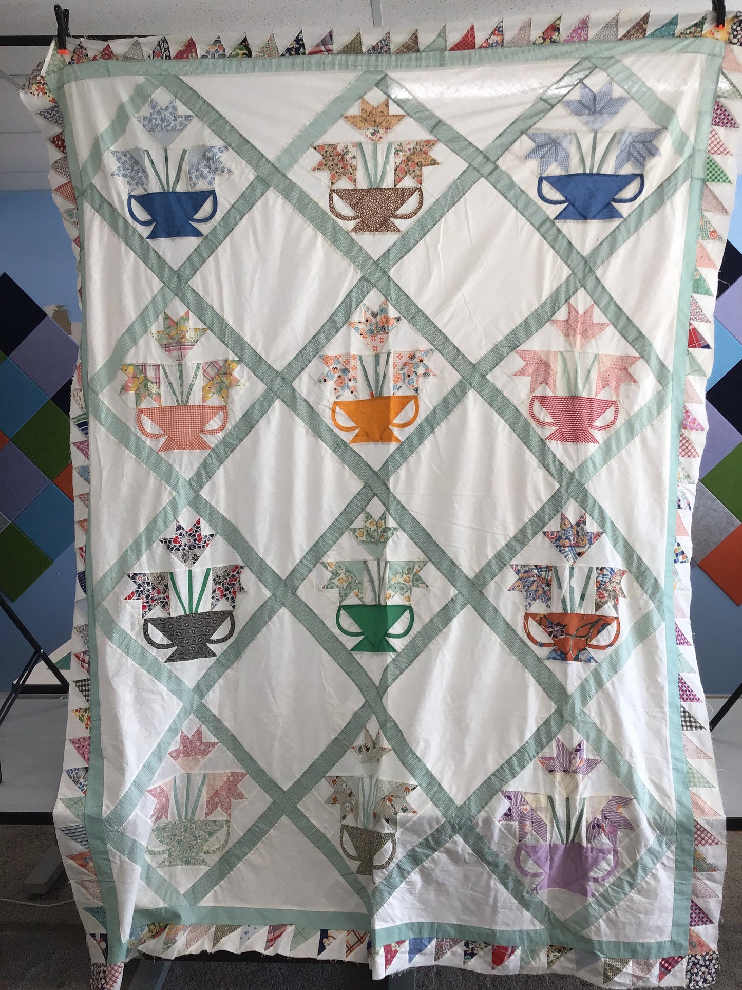 Antique tulip basket 1930s quilt top