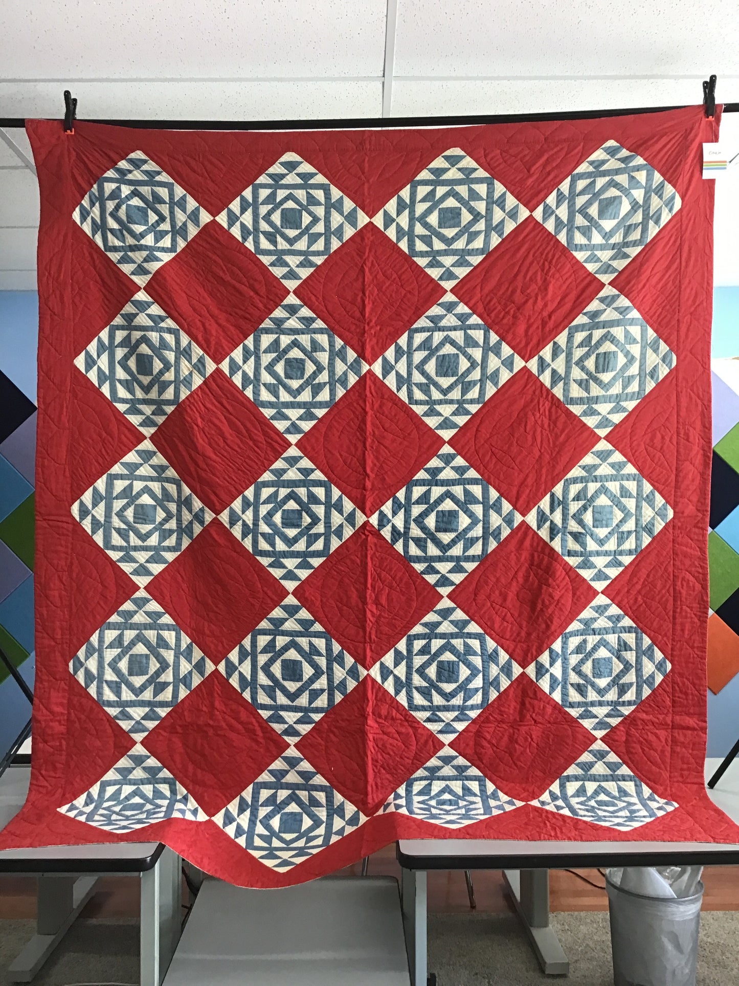 Red with blue blocks