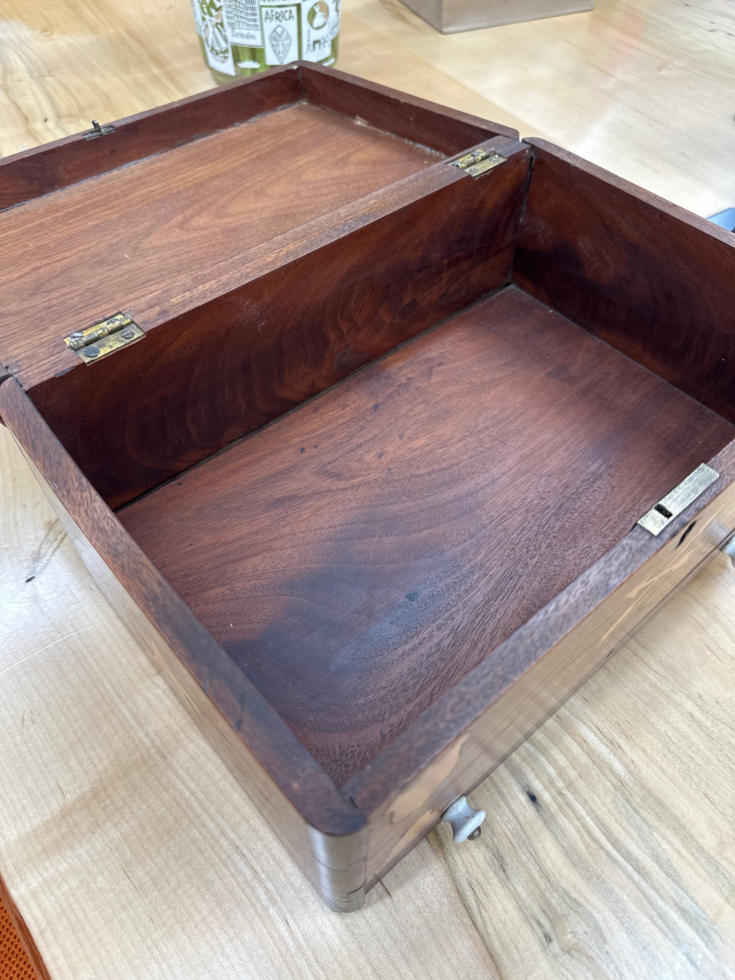 Antique folk art inlaid trunk with drawer