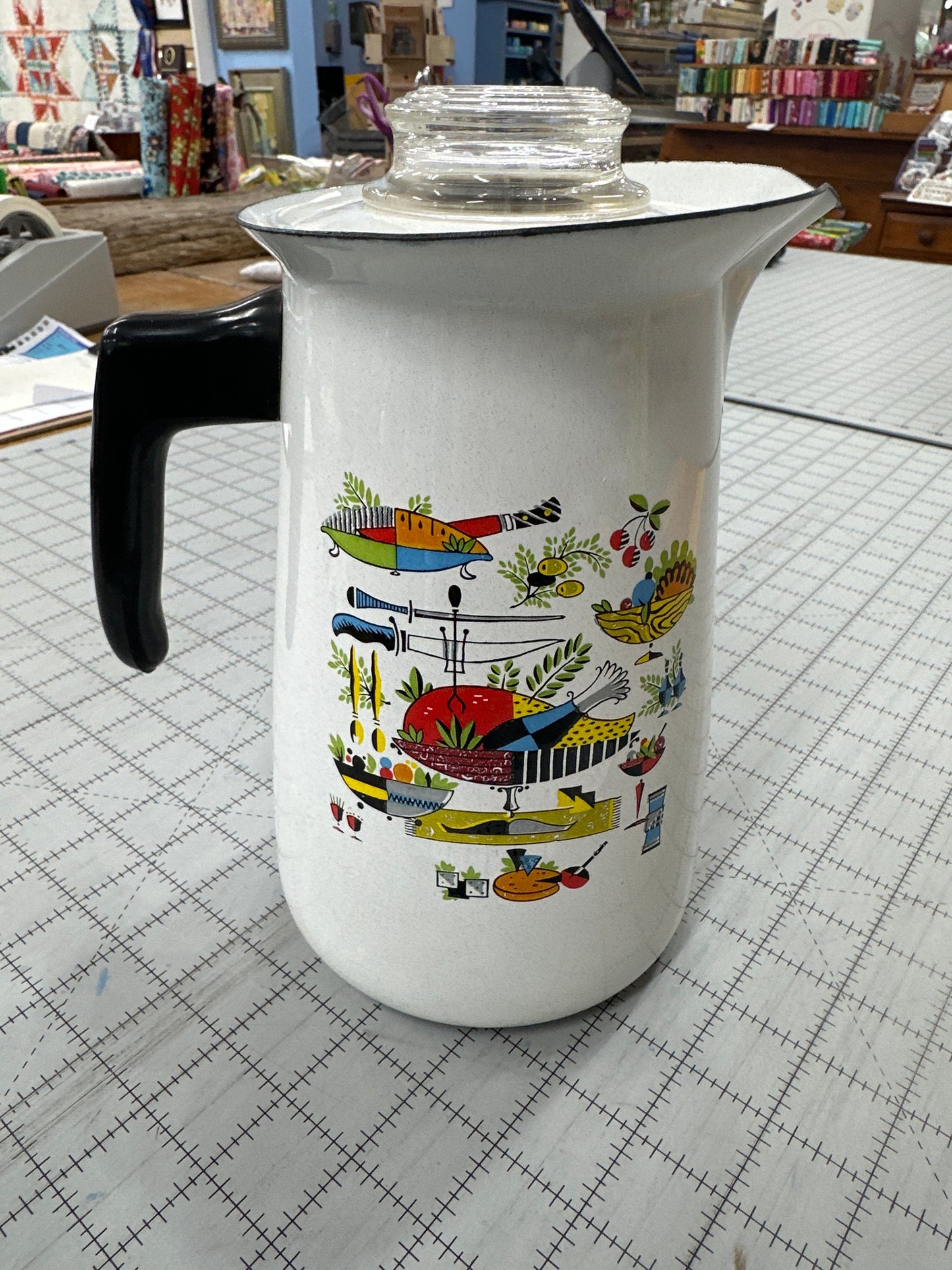 Vintage Georges Briard Coffee Percolator Mid Century White Enamel with Turkey / Harvest