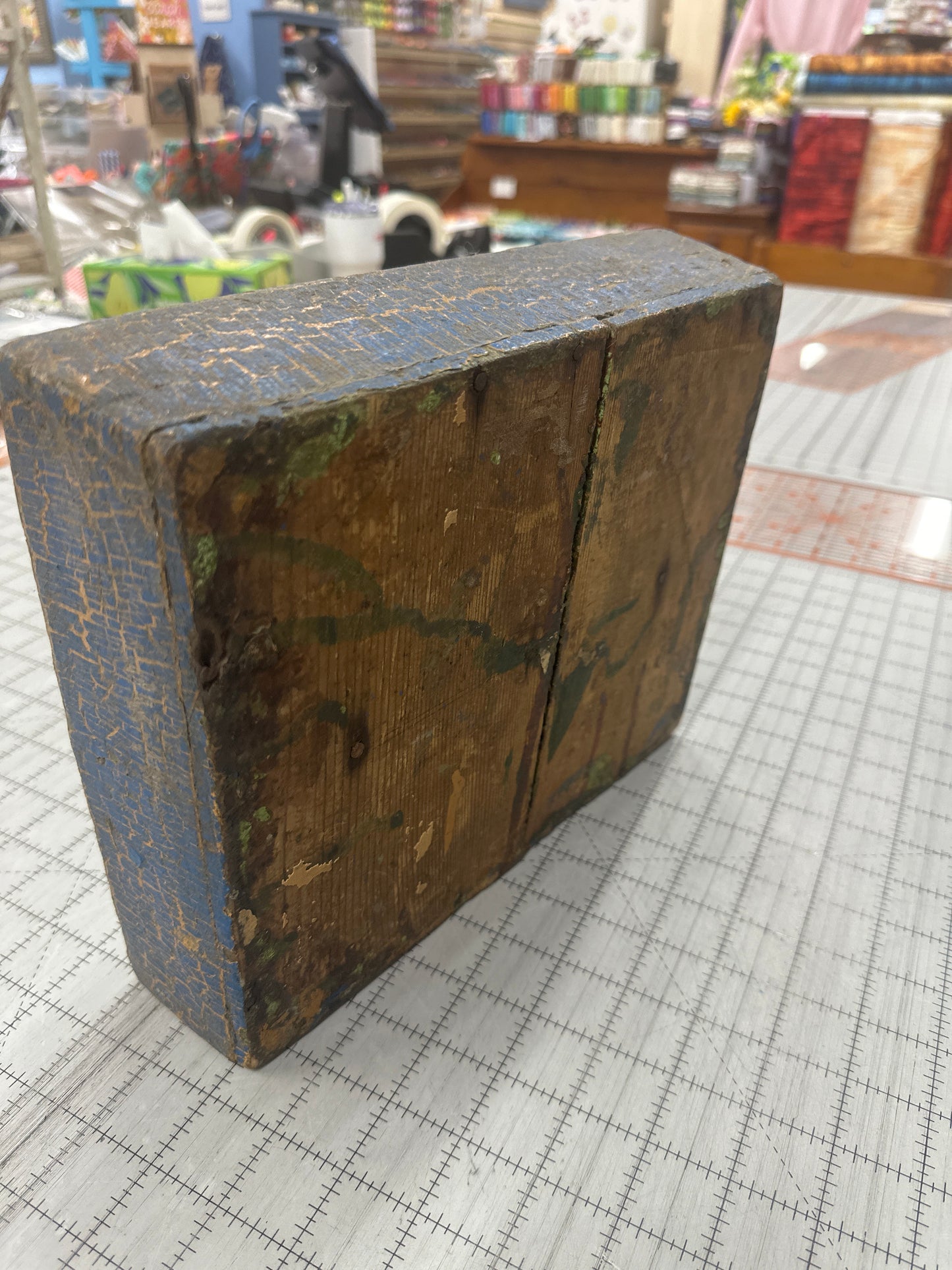 Antique crackled blue paint caddy