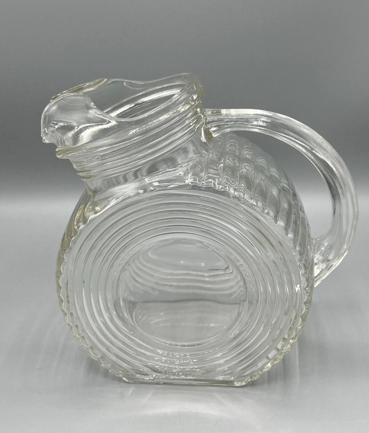 Vintage Big Ben Art Deco Depression Glass Tilted Pitcher Vase Flat Bottom Clear