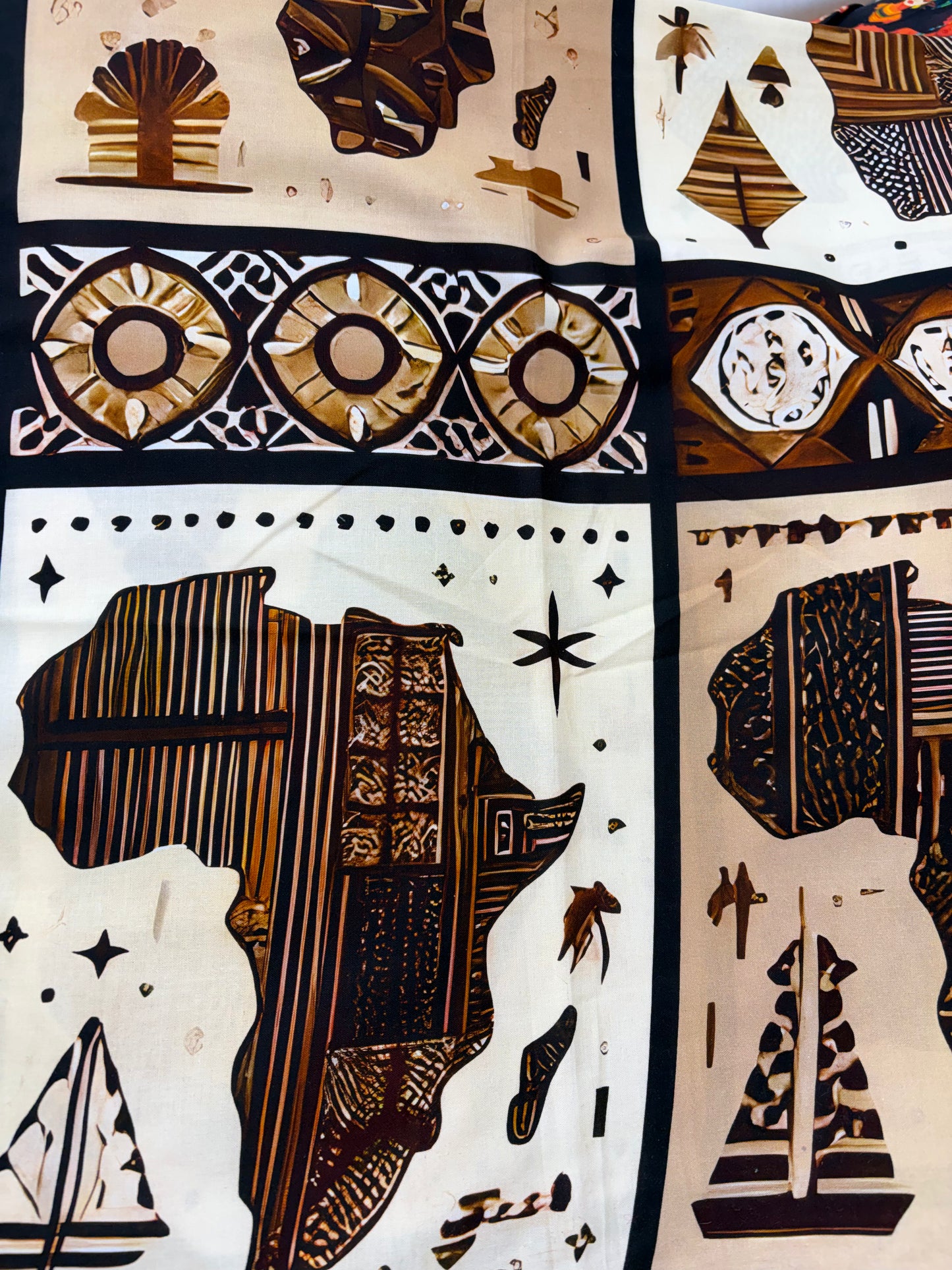 African Continent Themed Cotton Fabric Panel- Earth Toned Tribal