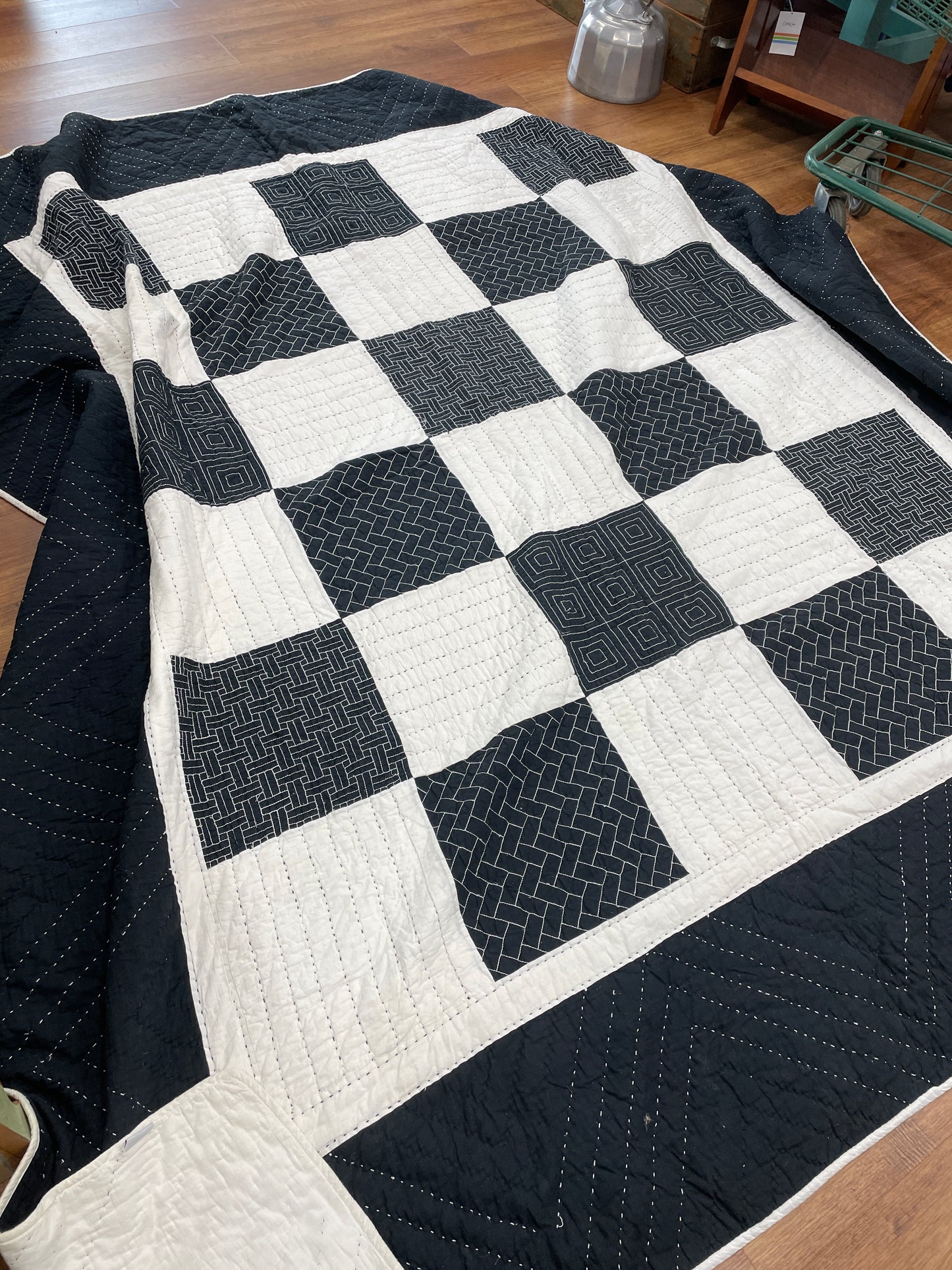 Newer Pre-owned Kantha Style quilt in black and white 90" x 100"