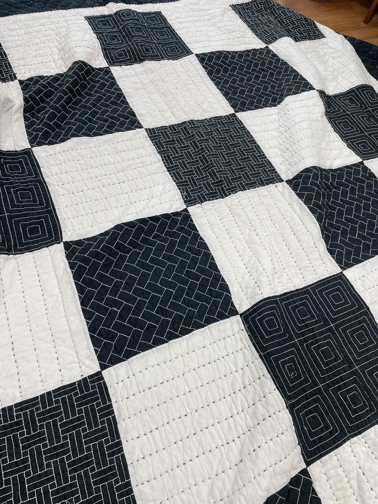 Newer Pre-owned Kantha Style quilt in black and white 90" x 100"