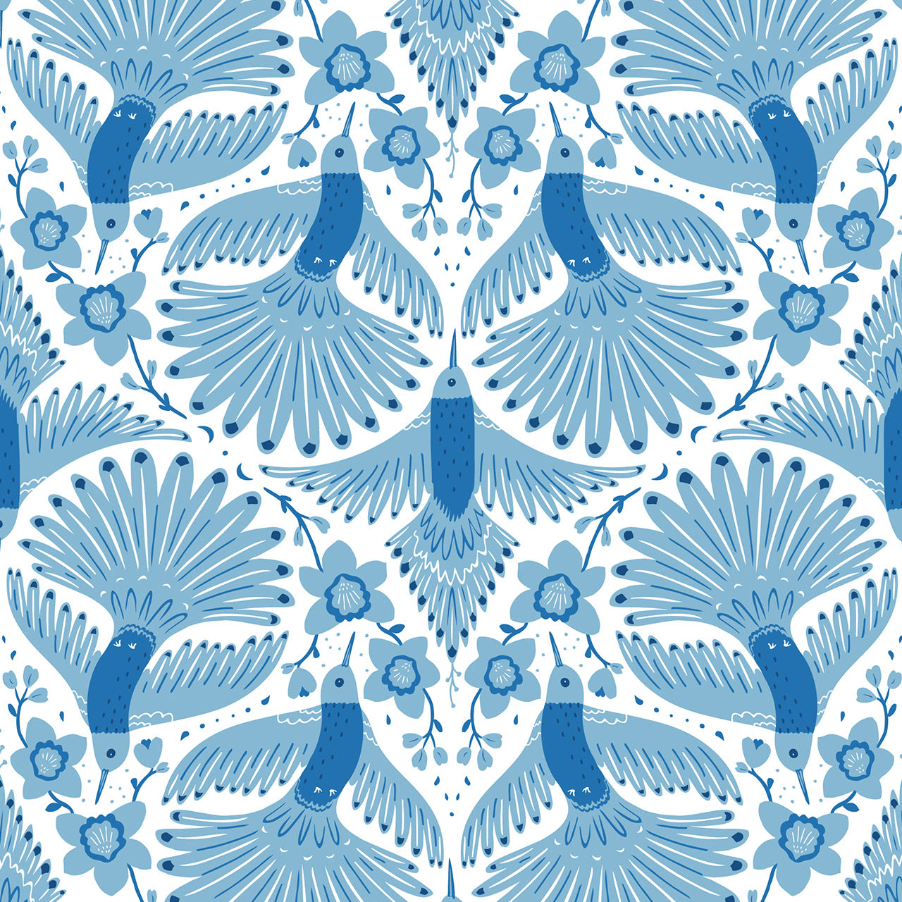 Sapphire Skies-Hummingbirds on White