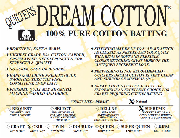 Quilters Dream Cotton 100% Pure Cotton Batting - SUPREME