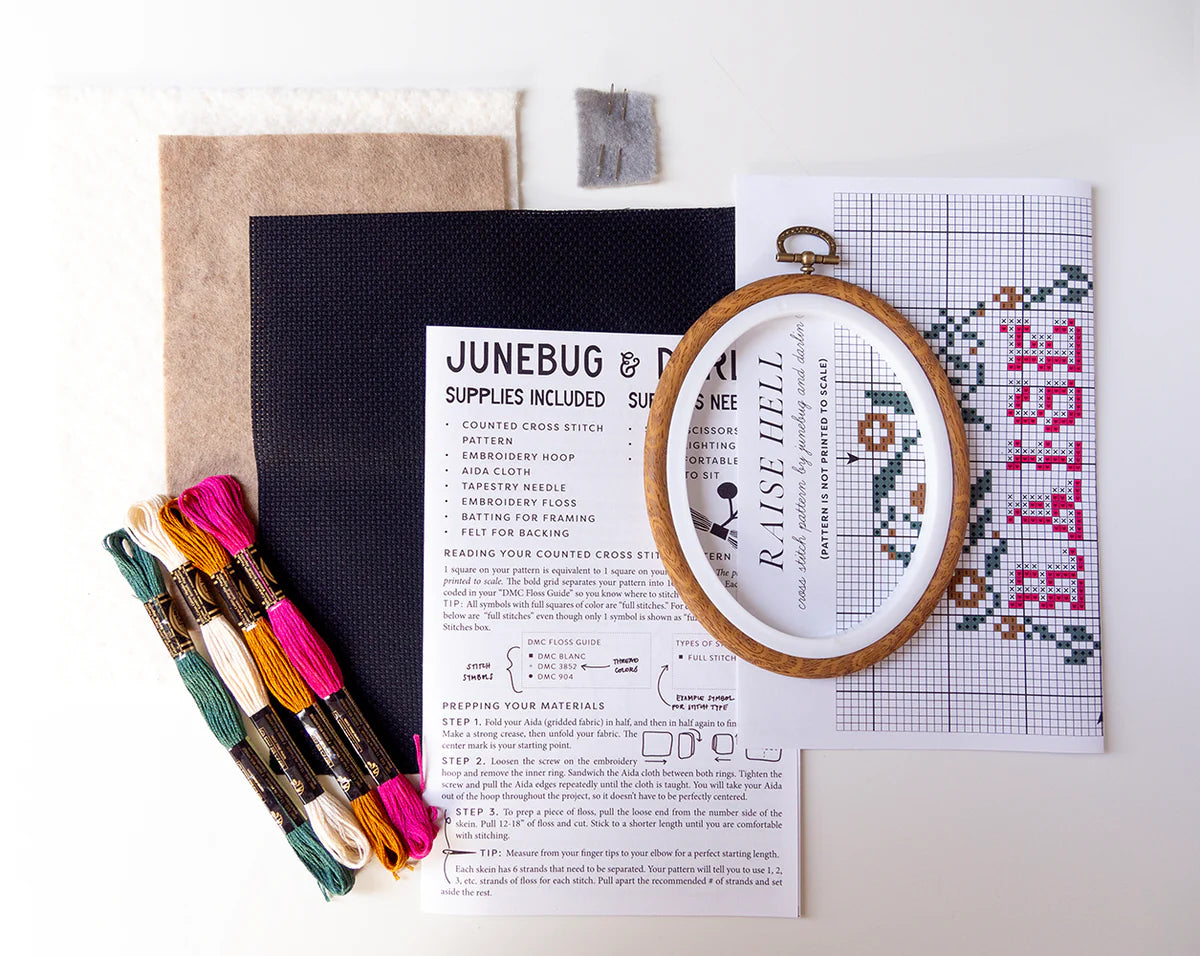 Junebug and darlin cross stitch Raise Hell Kit