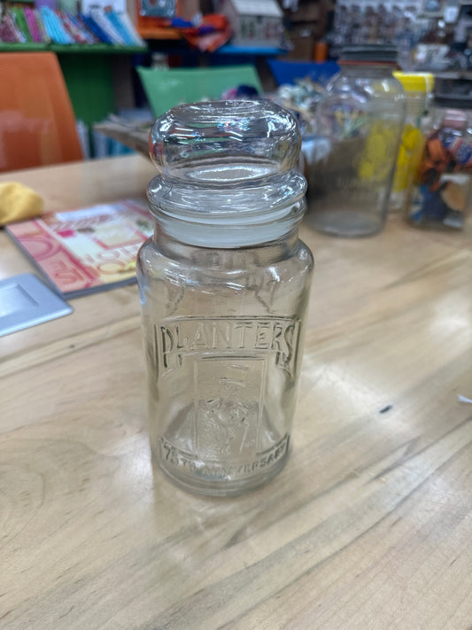 Vintage Planters Mr. Peanut 75th Anniversary glass jar with a lid
