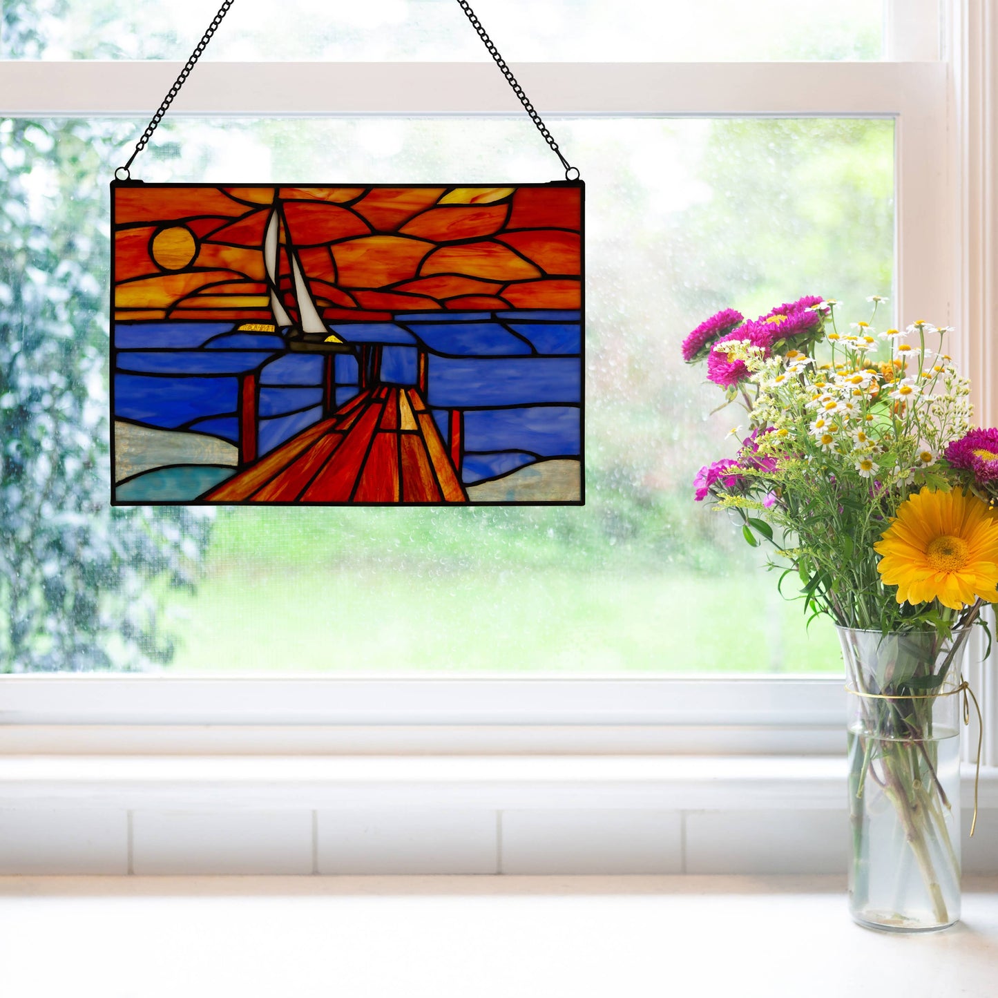 14" Sailboat Orange & Blue Stained Glass Window Panel
