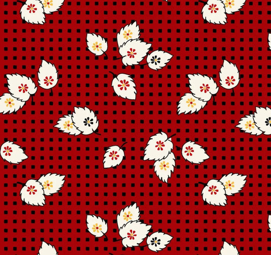 Walk in the Park, Tossed White Leaves on Red and Black Gingham by Maywood Studios