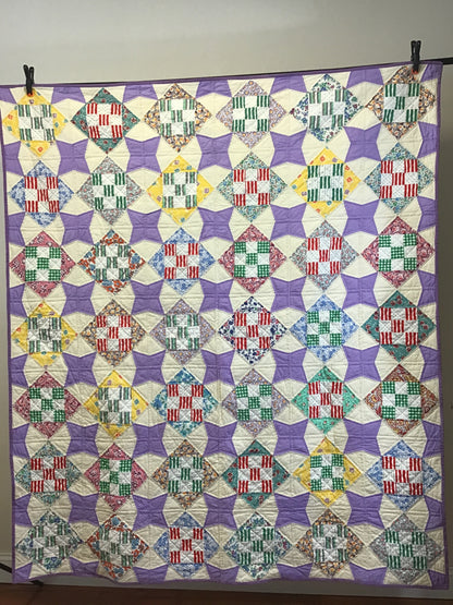 Vintage 1940s 4-Patch Quilt w/Feedsacks & Lavender Accents 65”x”76