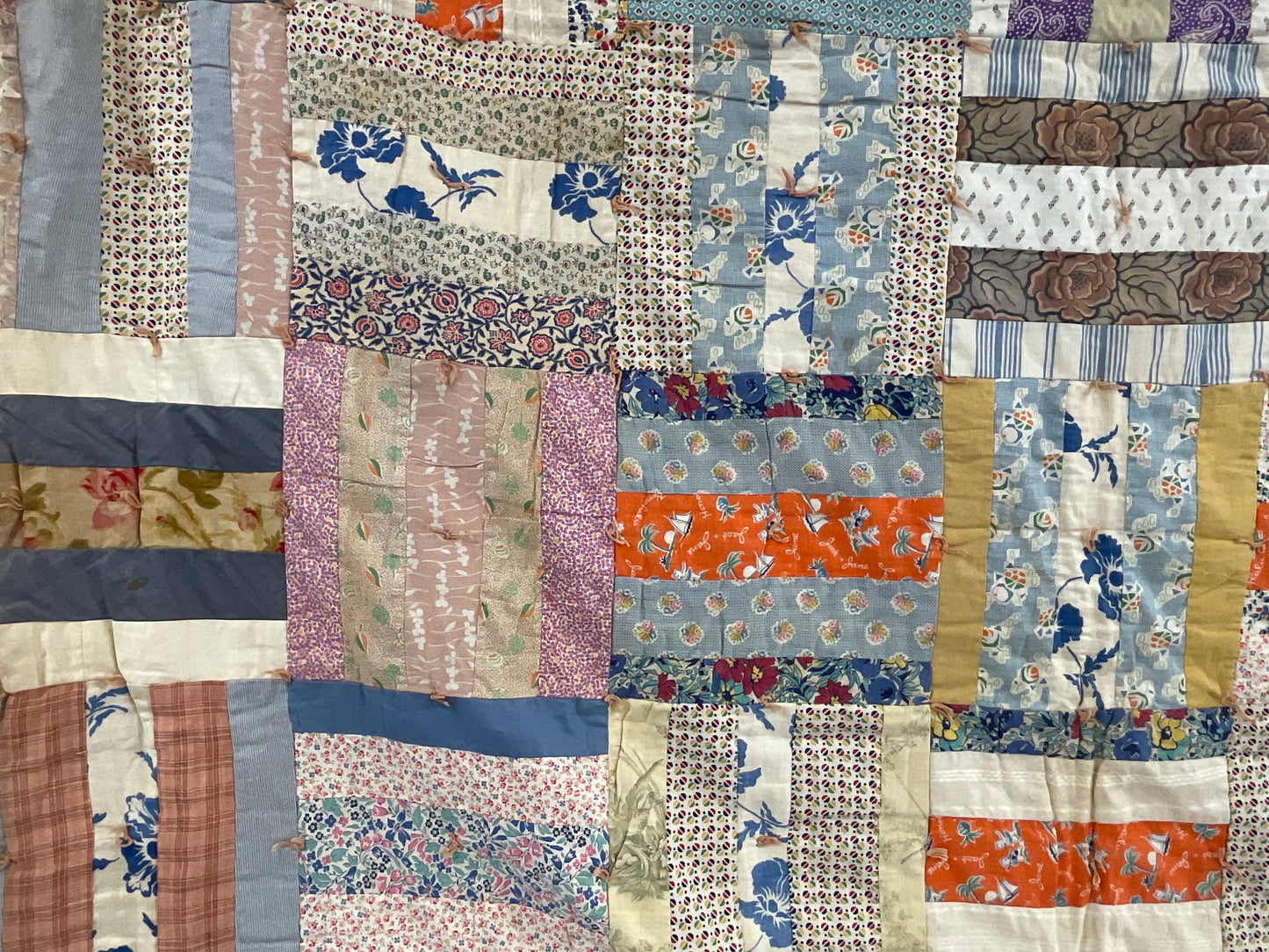 1940-50s Strip Quilt with thick batting and ties