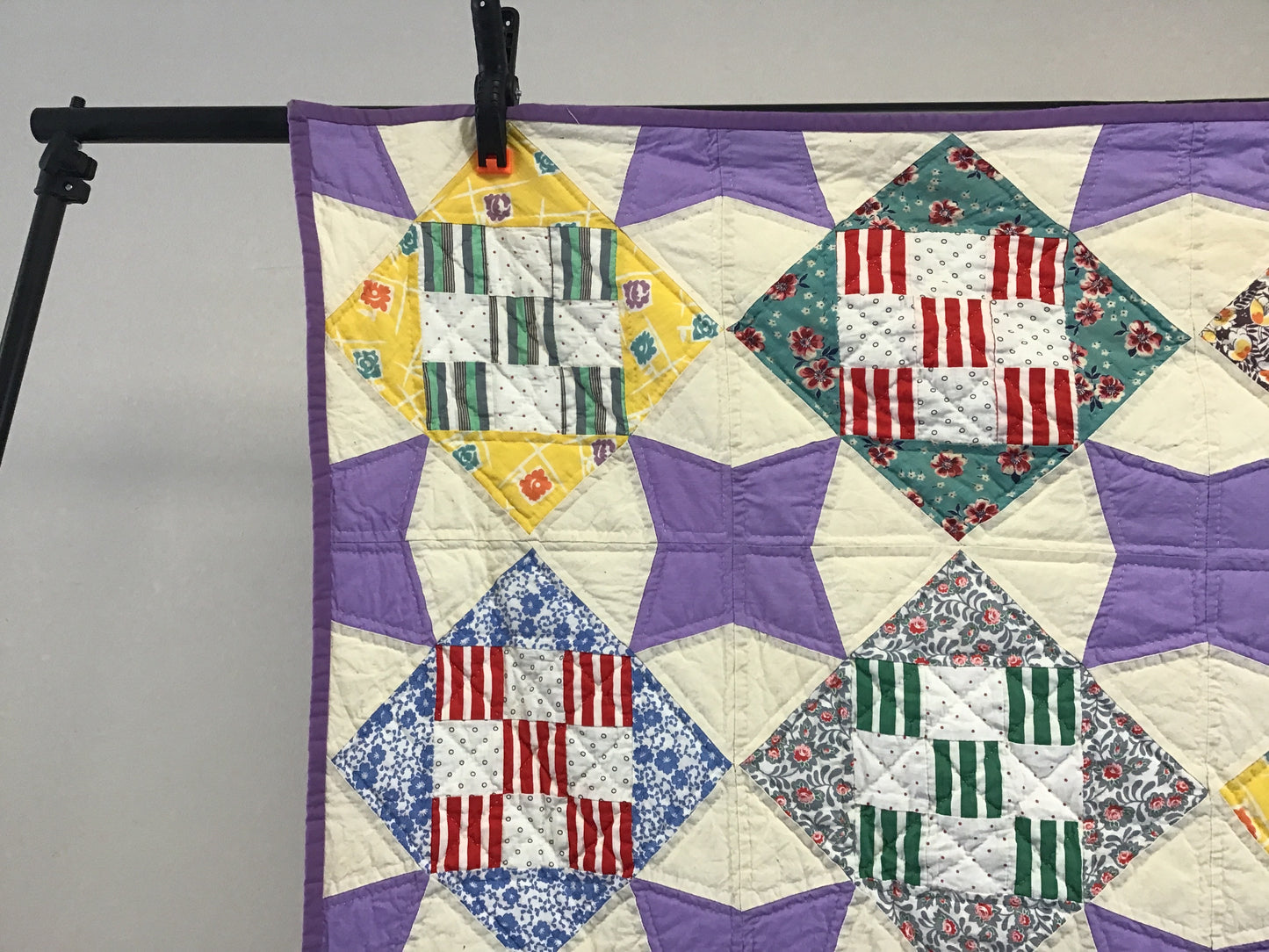 Vintage 1940s 4-Patch Quilt w/Feedsacks & Lavender Accents 65”x”76