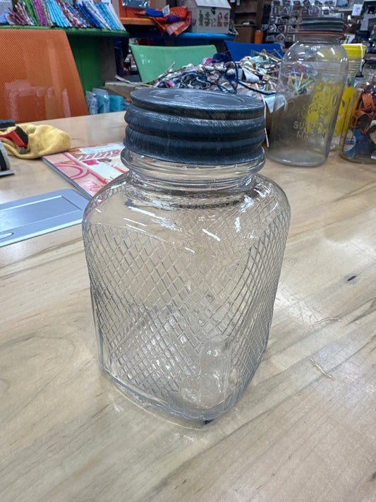 Vintage waffle pattern glass jar - coffee container kitchen storage canister checkered checked quart size