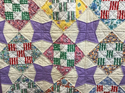 Vintage 1940s 4-Patch Quilt w/Feedsacks & Lavender Accents 65”x”76