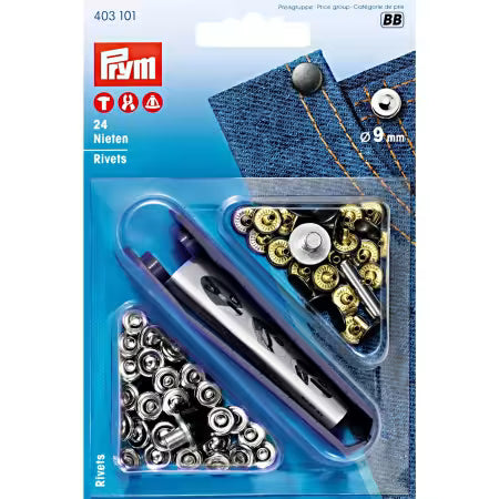 Rivets 9mm Silver/Antique Steel With Tools 24pc