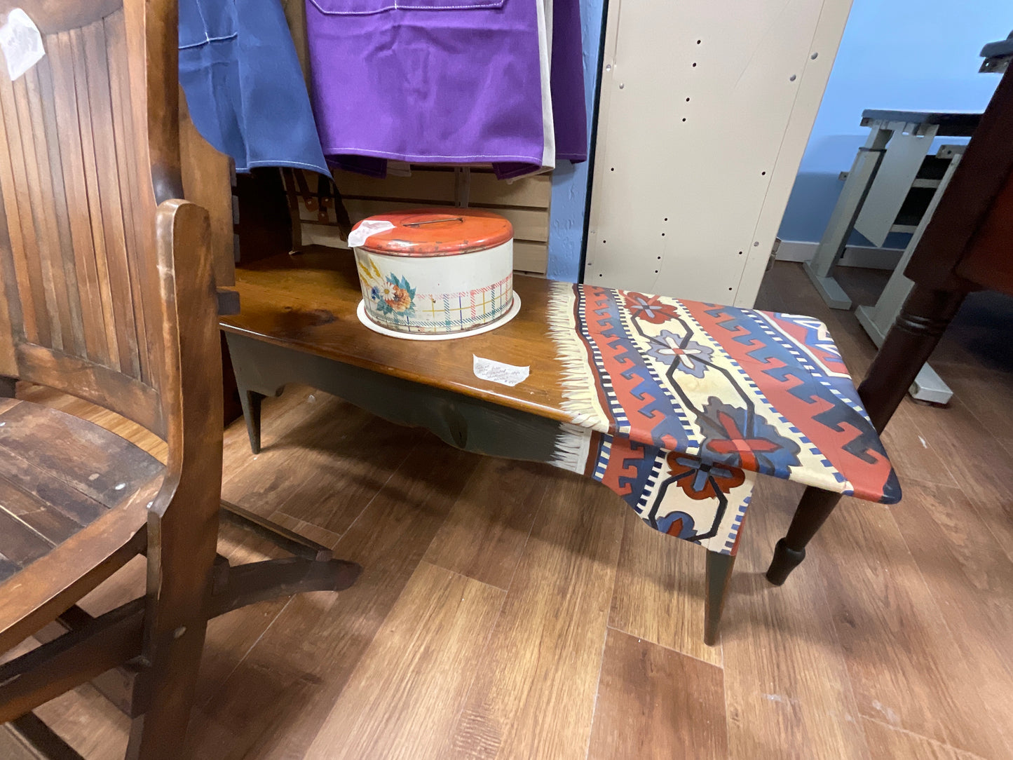 Vintage Pine Table w/Painted Southwest Style Blanket