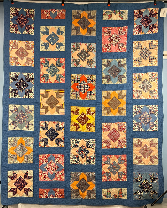 Newer Pieced Cornflower Blue and Colorful Repro 30s Fabrics Quilt