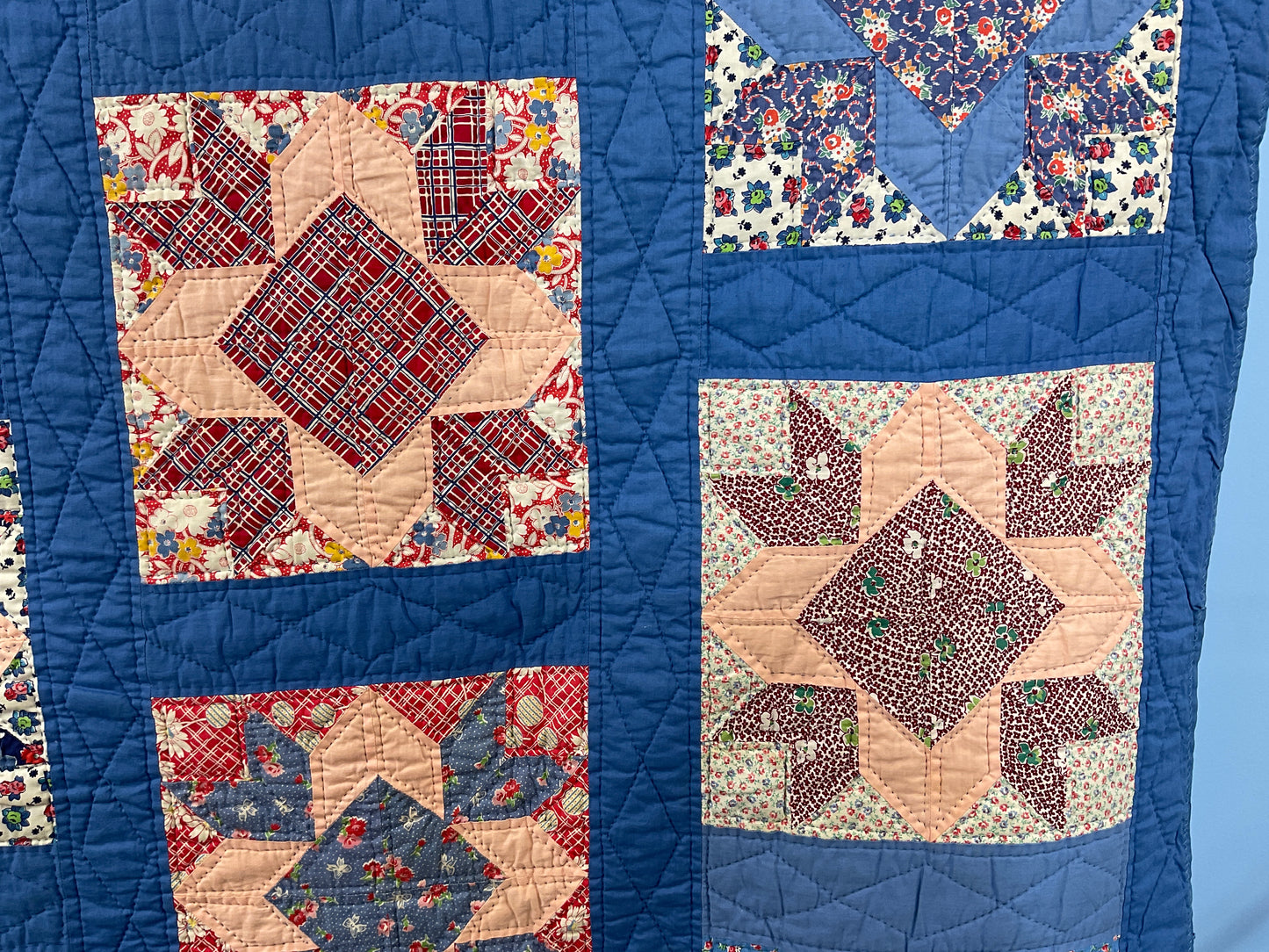 Newer Pieced Cornflower Blue and Colorful Repro 30s Fabrics Quilt