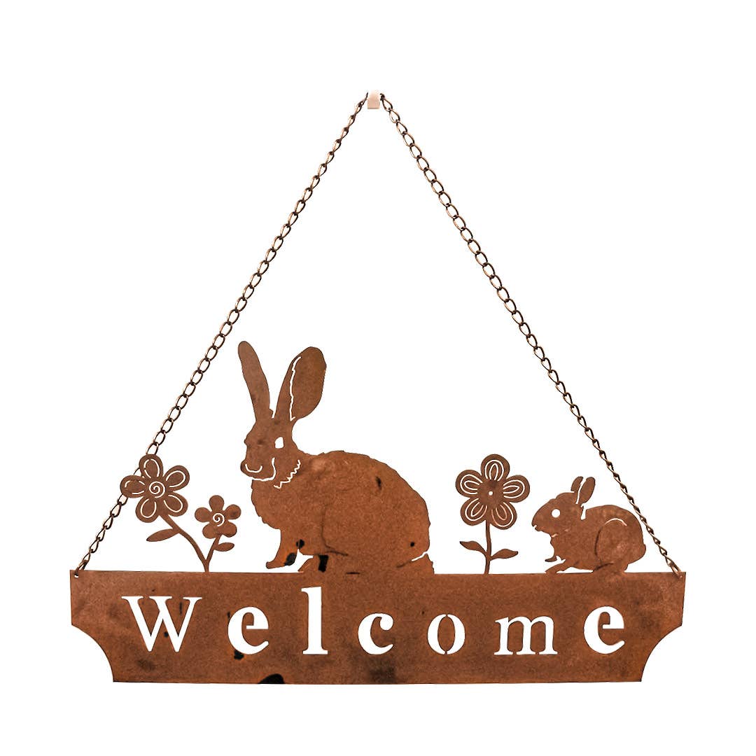 Mtl Rust/Nat Welcome Rabbits Garden Art