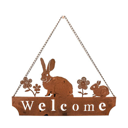Mtl Rust/Nat Welcome Rabbits Garden Art