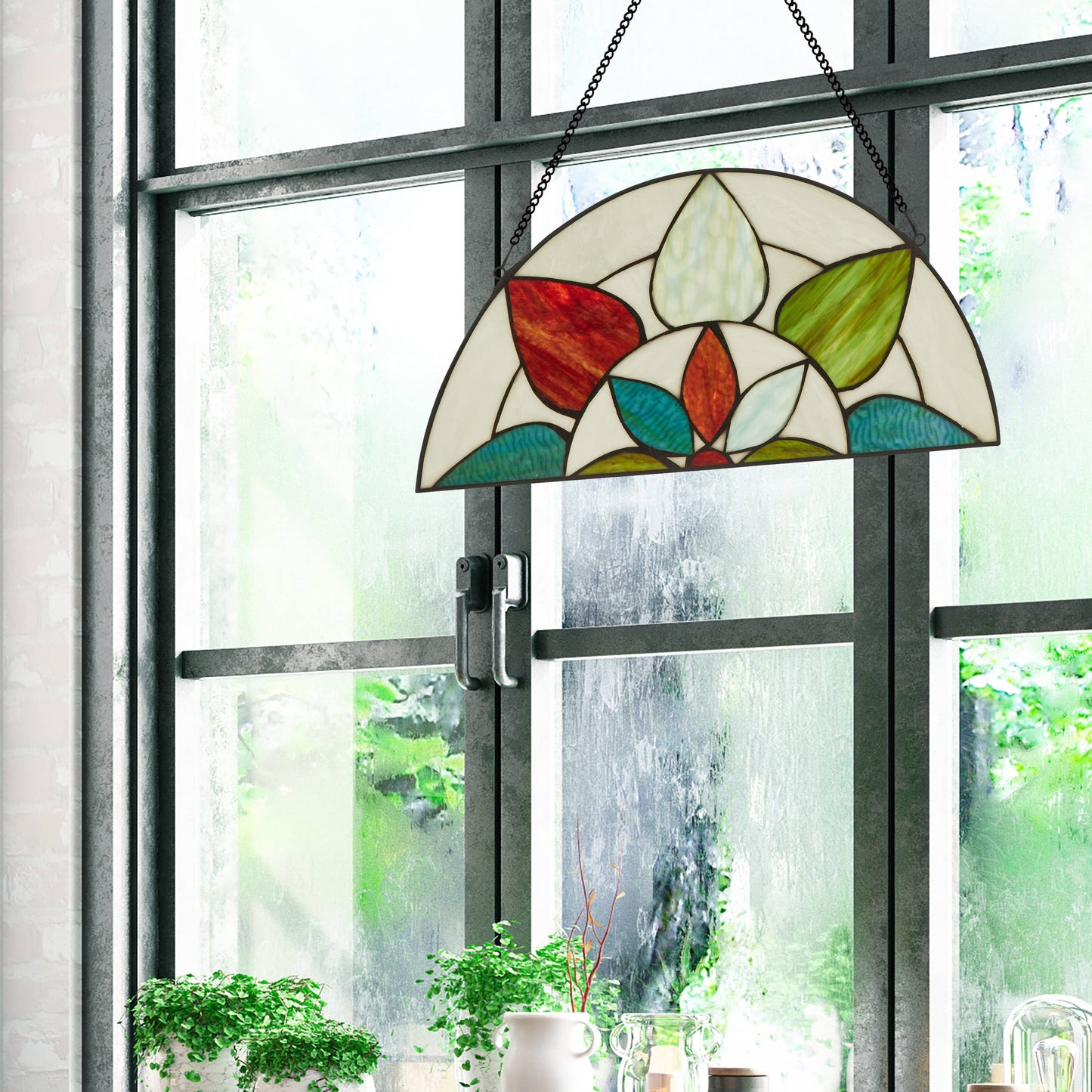 Geometric Floral Handcrafted Stained Glass Window Panel