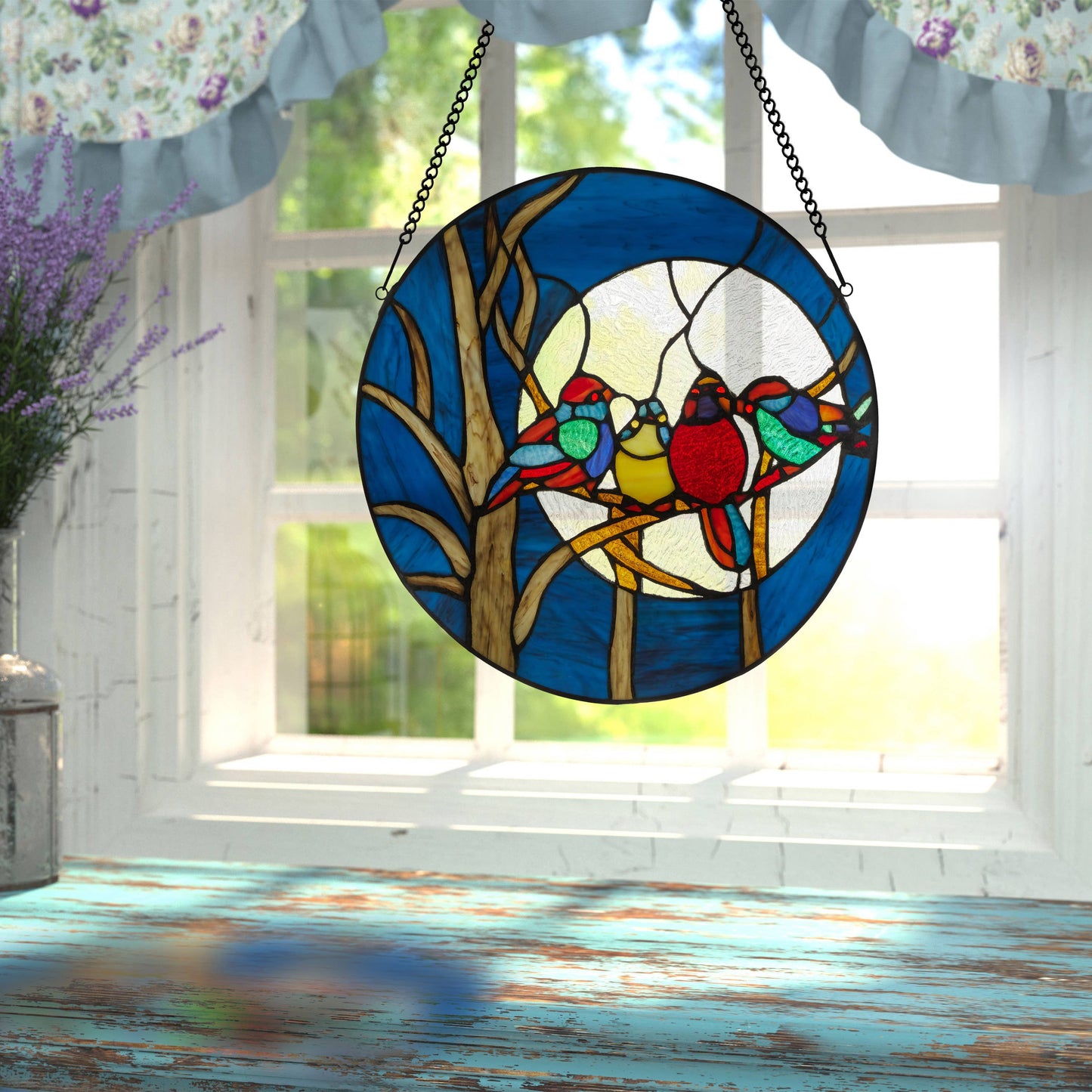 16" Astrid Birds in Night Sky Stained Glass Window Panel