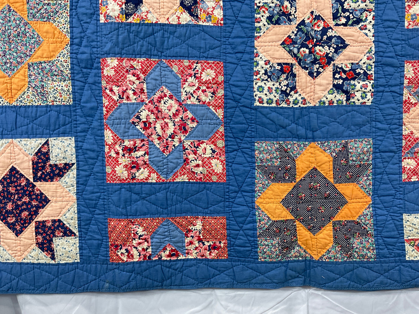 Newer Pieced Cornflower Blue and Colorful Repro 30s Fabrics Quilt