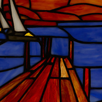 14" Sailboat Orange & Blue Stained Glass Window Panel