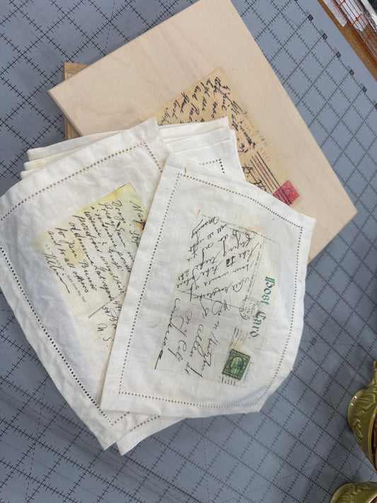 Antique post cards transferred to vintage linens (set)
