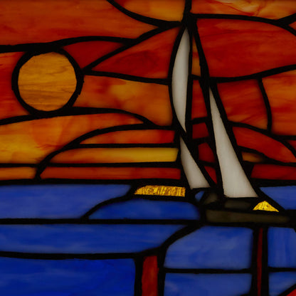 14" Sailboat Orange & Blue Stained Glass Window Panel