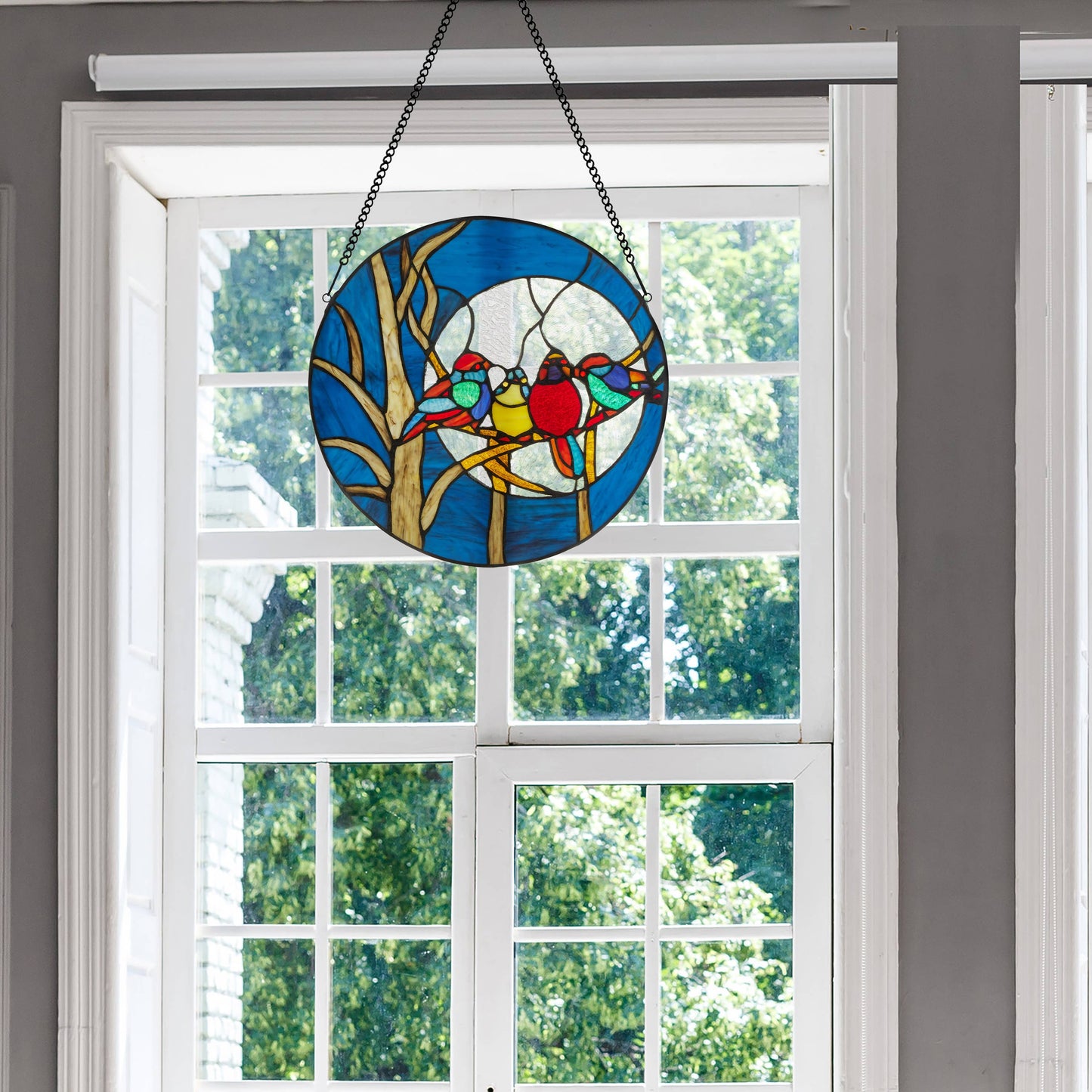 16" Astrid Birds in Night Sky Stained Glass Window Panel