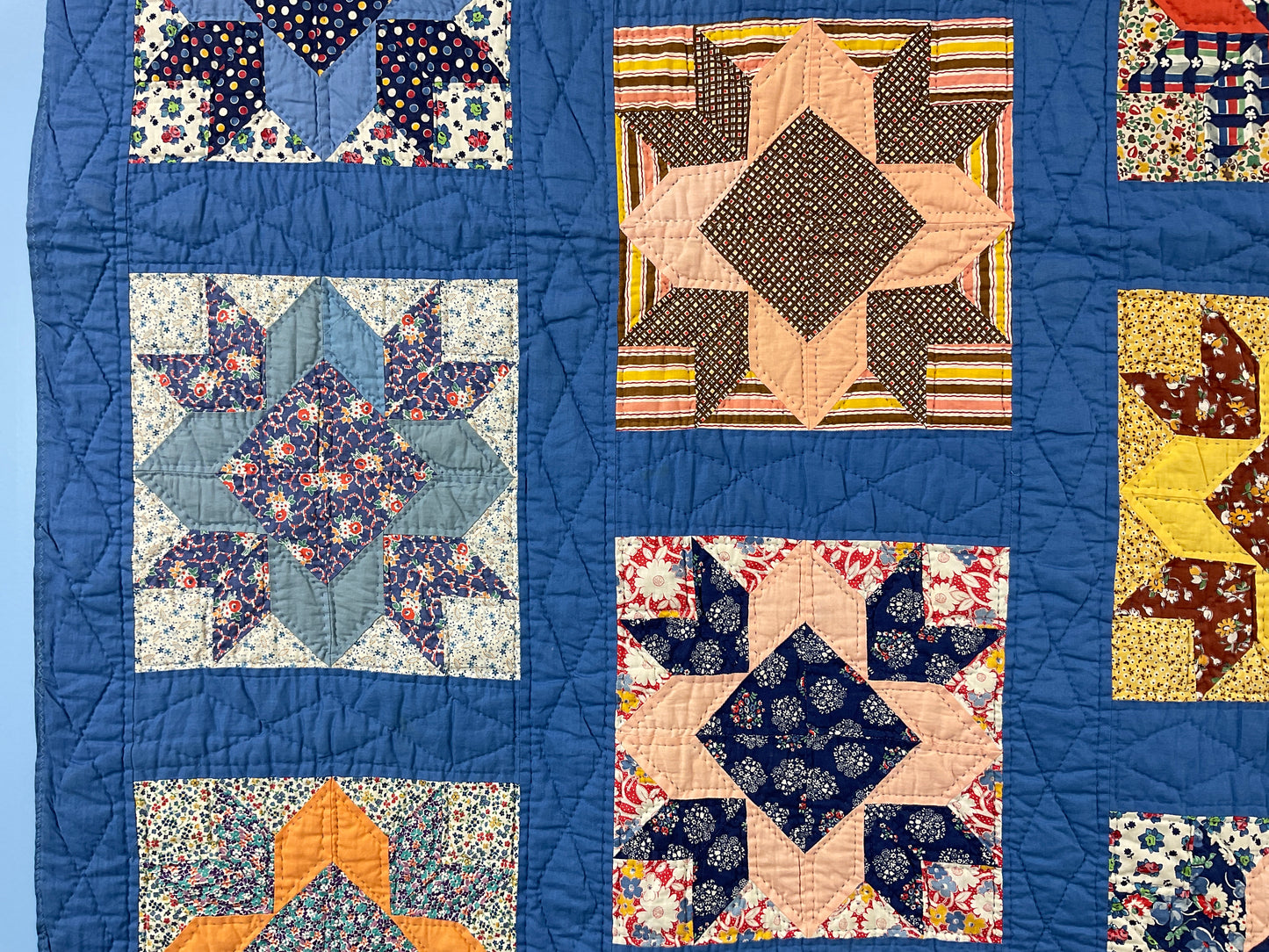 Newer Pieced Cornflower Blue and Colorful Repro 30s Fabrics Quilt