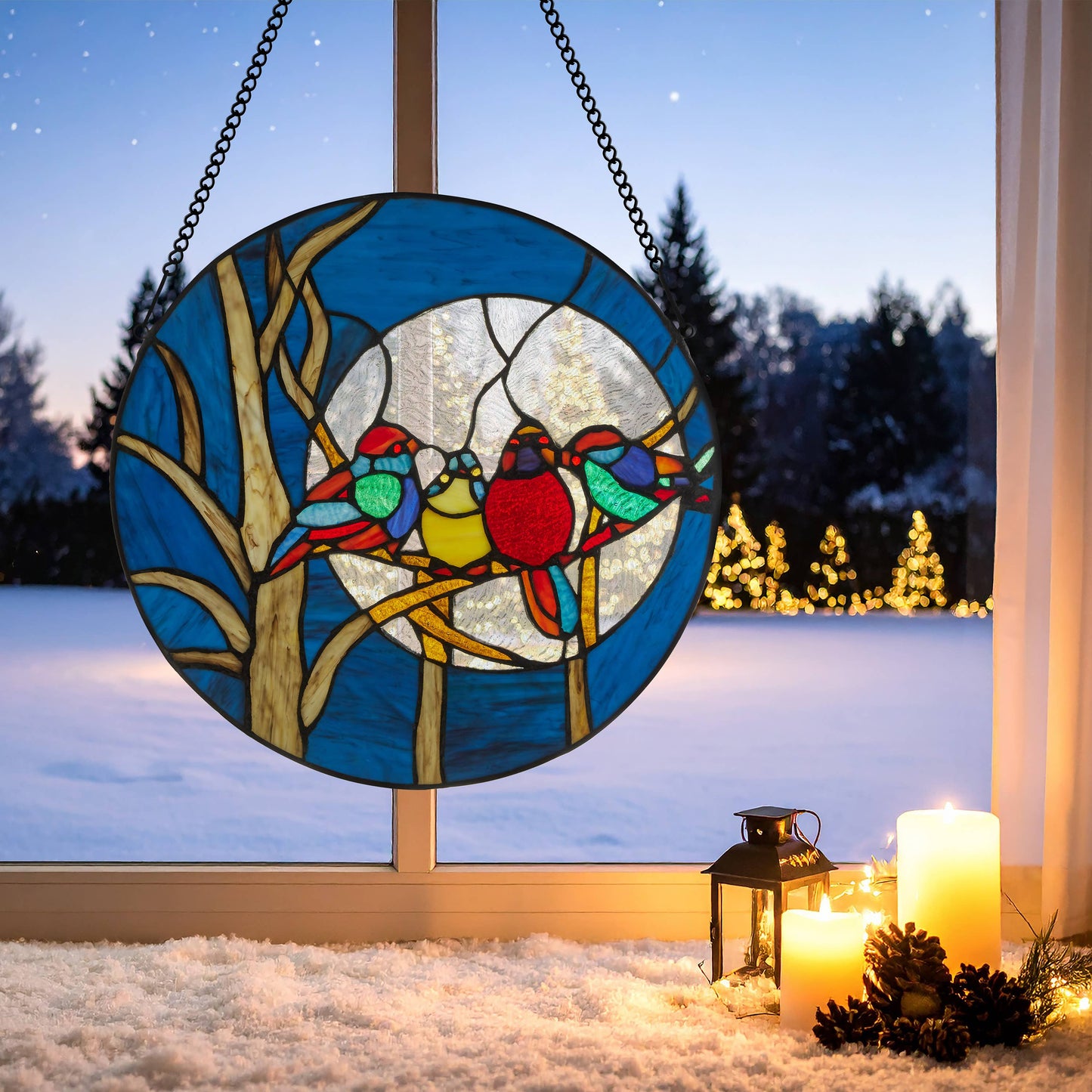 16" Astrid Birds in Night Sky Stained Glass Window Panel