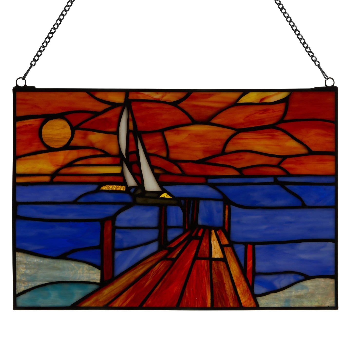14" Sailboat Orange & Blue Stained Glass Window Panel