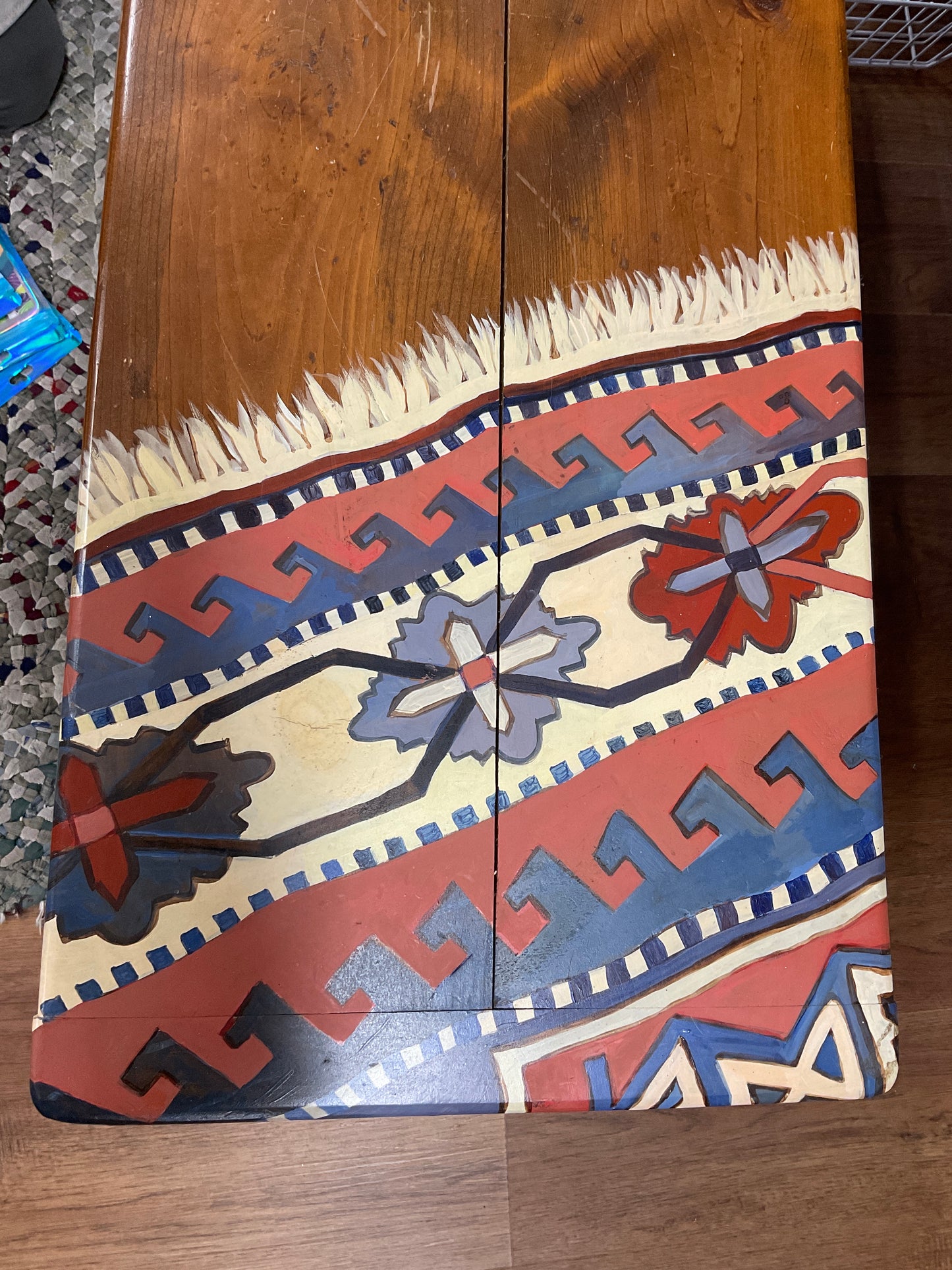 Vintage Pine Table w/Painted Southwest Style Blanket